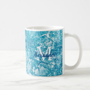 Caneca De Café Monograma de Textura Azul e Branco Marble