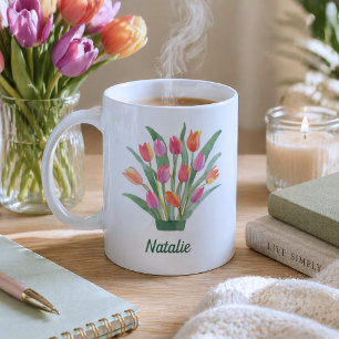 Caneca De Café Monograma de Tulipas Potentes de Aquarela