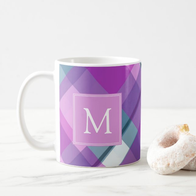 Caneca De Café Monograma de Xadrez Roxo-Claro (Com Donut)
