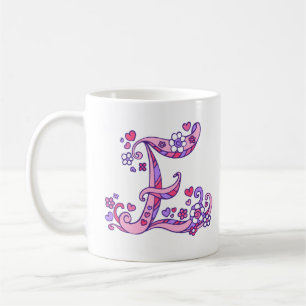 Caneca De Café Monograma decorativo E corações e flores roxas ros