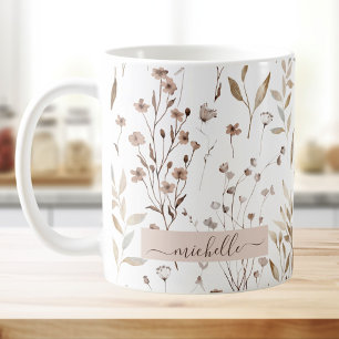 Caneca De Café Monograma Delicado Castanho Folhas