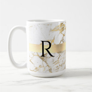 Caneca De Café Monograma DIY Preto, Mármore Branco e Dourado