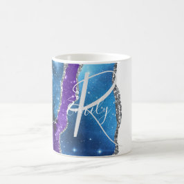 Caneca De Café Monograma do Abstrato de Marble de Agate Azul e Ro