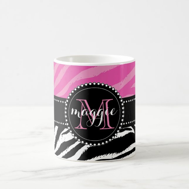 Caneca De Café Monograma do impressão da zebra do rosa quente & (Centro)