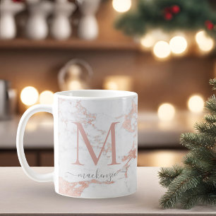 Caneca De Café Monograma do Mármaco de Folha de Ouro Elegante Ros