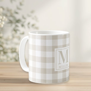 Caneca De Café Monograma do Nome da Família em Xadrez Búfalo Bege