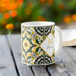 Caneca De Café Monograma do padrão azulejo português mediterrânic