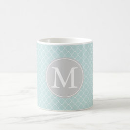 Caneca De Café Monograma do padrão do quatrefoil azul e branco
