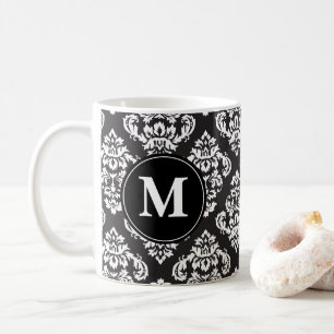 Caneca De Café Monograma do padrão Impressão de Damasco preto e b