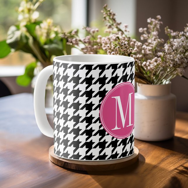 Caneca De Café Monograma do padrão-madrinho branco-quente rosa-qu (Personalized Coffee Mug)