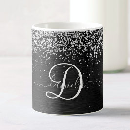 Caneca De Café Monograma do Sparkle Preto com Glitter de Prata Pe