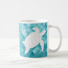 Caneca De Café Monograma do vidro do mar do Aqua da tartaruga de