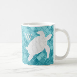 Caneca De Café Monograma do vidro do mar do Aqua da tartaruga de