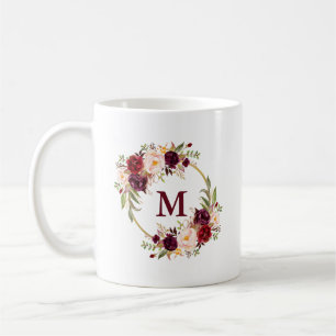 Caneca De Café Monograma Dourado B do círculo da aguarela floral