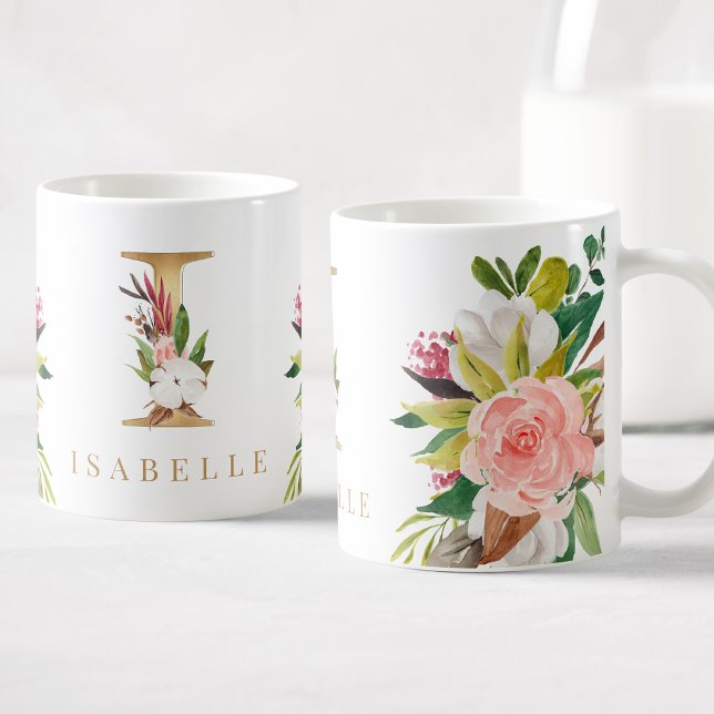 Caneca De Café Monograma Dourado Botânica Floral com Aquarela (Criador carregado)