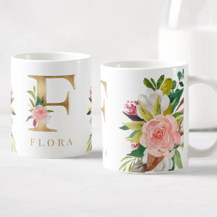 Caneca De Café Monograma Dourado Botânica Floral com Aquarela