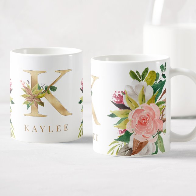 Caneca De Café Monograma Dourado Botânica Floral com Aquarela (Criador carregado)