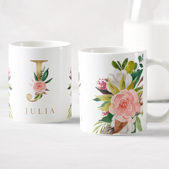Caneca De Café Monograma Dourado Botânica Floral com Aquarela (Criador carregado)