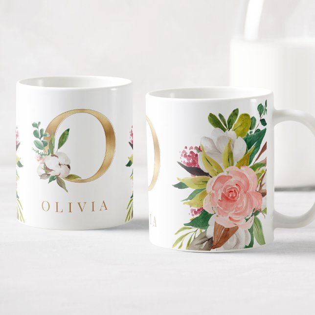Caneca De Café Monograma Dourado Botânica Floral com Aquarela (Criador carregado)