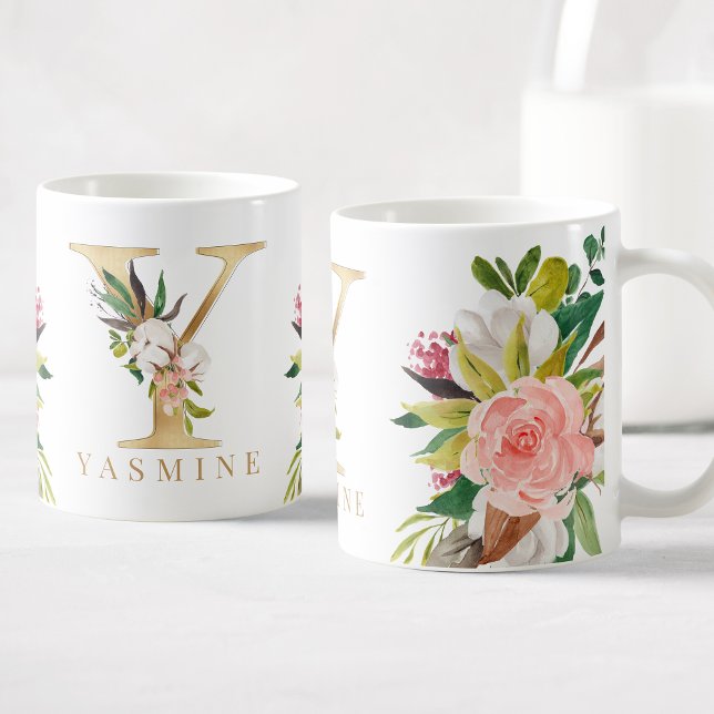 Caneca De Café Monograma Dourado Botânica Floral com Aquarela (Criador carregado)