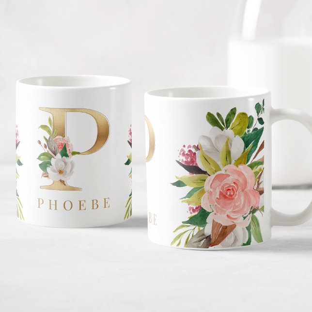 Caneca De Café Monograma Dourado Botânica Floral com Aquarela (Criador carregado)
