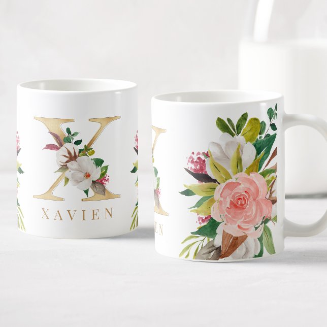 Caneca De Café Monograma Dourado Botânica Floral com Aquarela (Criador carregado)