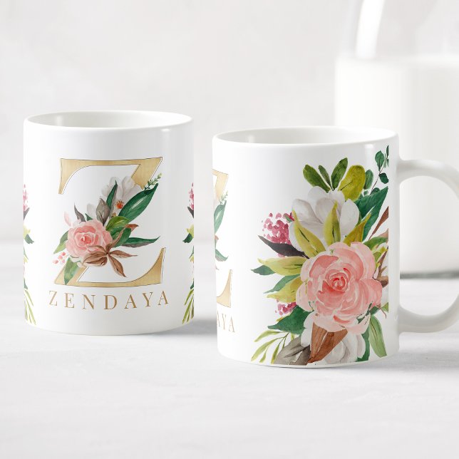 Caneca De Café Monograma Dourado Botânica Floral com Aquarela (Criador carregado)