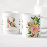Caneca De Café Monograma Dourado Botânica Floral com Aquarela<br><div class="desc">Uma caneca de café personalizada com uma falsa letra de ouro "R" monograma,  com ilustrações decorativas de cor d'água floral e folhagem. Personalize-o facilmente com seu nome ou crie um presente único para seus entes queridos.</div>