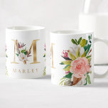 Caneca De Café Monograma Dourado Botânica Floral com Aquarela<br><div class="desc">Uma caneca de café personalizada com uma falsa letra de ouro "M" monograma,  com ilustrações decorativas de cor d'água floral e folhagem. Personalize-o facilmente com seu nome ou crie um presente único para seus entes queridos.</div>