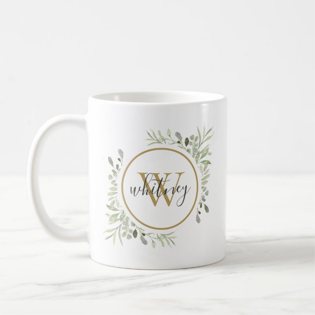 Caneca De Café Monograma Dourado com Folhagem Personalizada em Le (Esquerda)