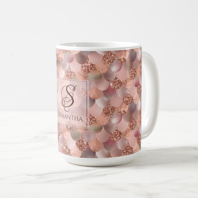 Caneca De Café Monograma Dourado cor-de-rosa bonito da sereia (Frente Esquerda)