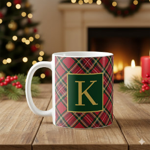 Caneca De Café Monograma Dourado da Xadrez Red Tartan