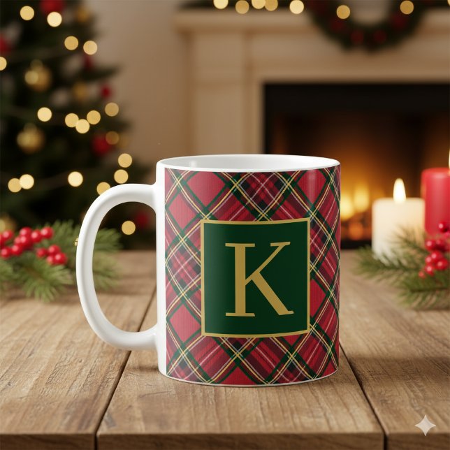 Caneca De Café Monograma Dourado da Xadrez Red Tartan (Red Tartan Plaid Gold Monogram Coffee Mug)