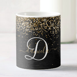 Caneca De Café Monograma Dourado de brilho preto com brilho perso