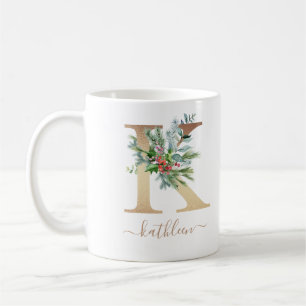 Caneca De Café Monograma Dourado de Natal Russo Holly Red Berries