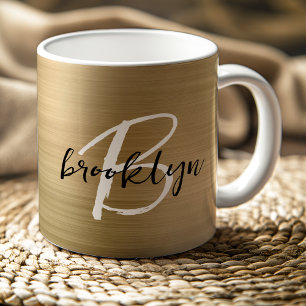 Caneca De Café Monograma Dourado de Script Branco Preto e Bruto