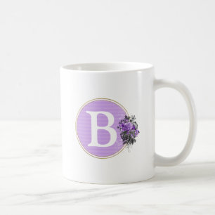 Caneca De Café Monograma Dourado e Floral Roxo