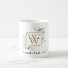 Caneca De Café Monograma Dourado Elegante Eucalyptus Greenery