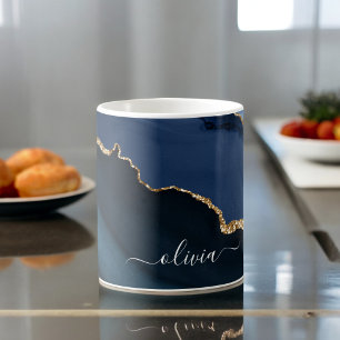 Caneca De Café Monograma Dourado em Geodo de Ágata Azul-Marinho