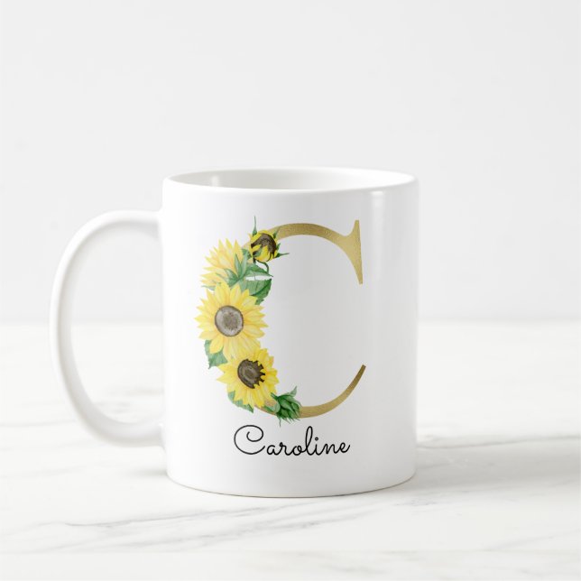 Caneca De Café Monograma Dourado Girassol Girassol Floral inicial (Esquerda)