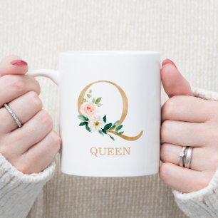 Caneca De Café Monograma Dourado Letra Q   Floral Rosa Branco Ver