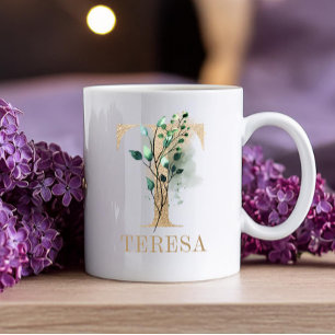 Caneca De Café Monograma Dourado - Letra T Watercolor Floral