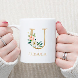 Caneca De Café Monograma Dourado Letra U | Floral Rosa Branco Ver