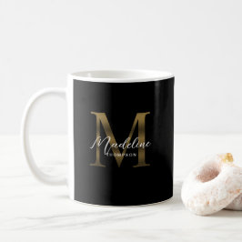 Caneca De Café Monograma Dourado Metálico Simples de Script Chic