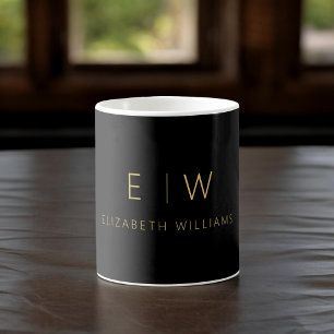 Caneca De Café Monograma Dourado Mínimo Clássico Elegante Preto