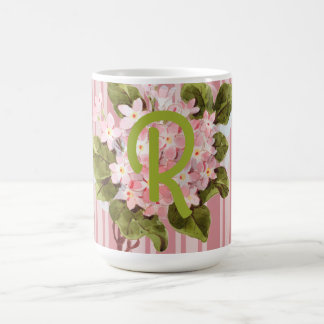 Caneca De Café Monograma e Flores em Listras Rosa