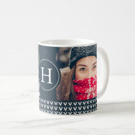 Caneca De Café Monograma e Foto do Suéter de Natal Festivo Knit