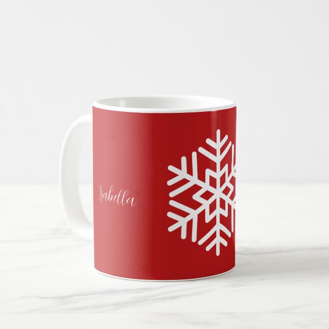 Caneca De Café Monograma e Grande Floco de Neve Branco no Vermelh (Frente Esquerda)