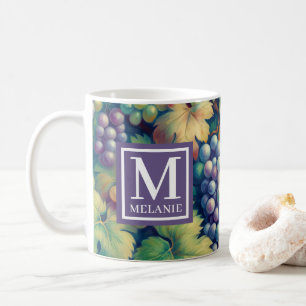Caneca De Café Monograma e Nome Coloridos de Padrão de Uvas