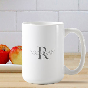 Caneca De Café Monograma e Nome em Texto Cinza, Design Simples
